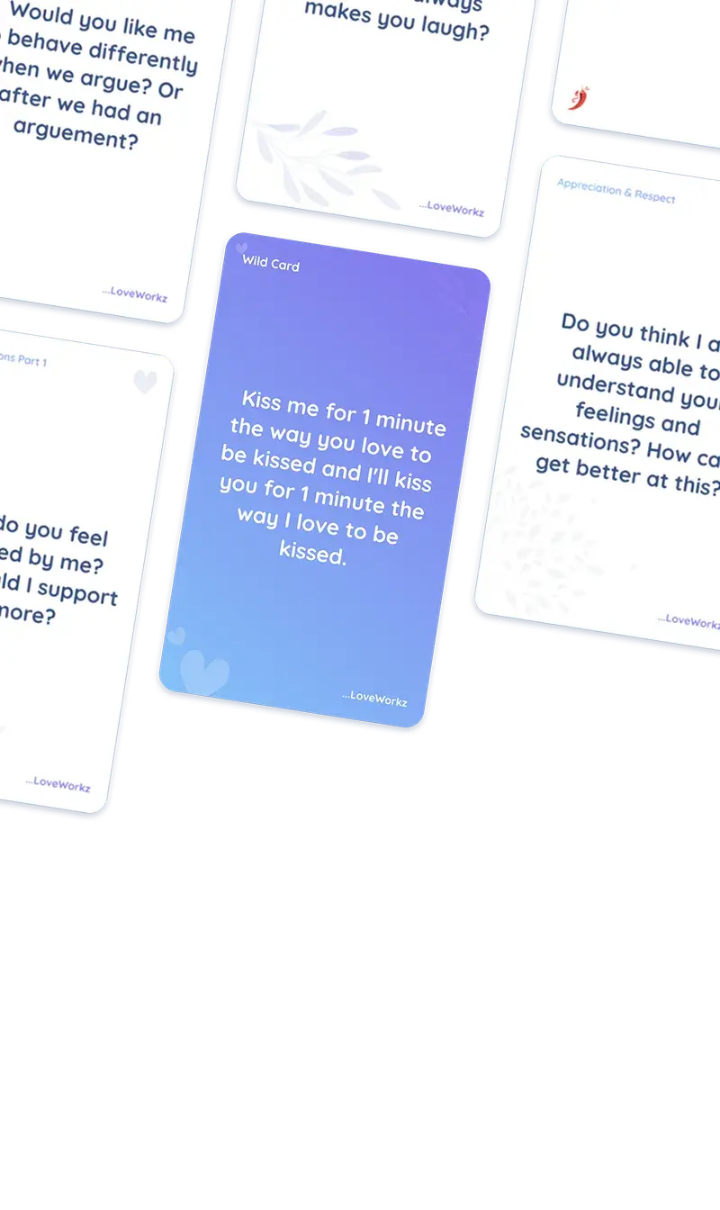 LoveWorkz couples app challenge and intimacy cards on mobile, relationship exercises preview